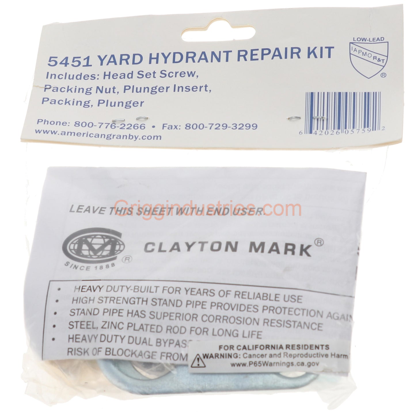 Clayton Mark YRK1 Yard Hydrant Repair Kit packaging, showing all included parts